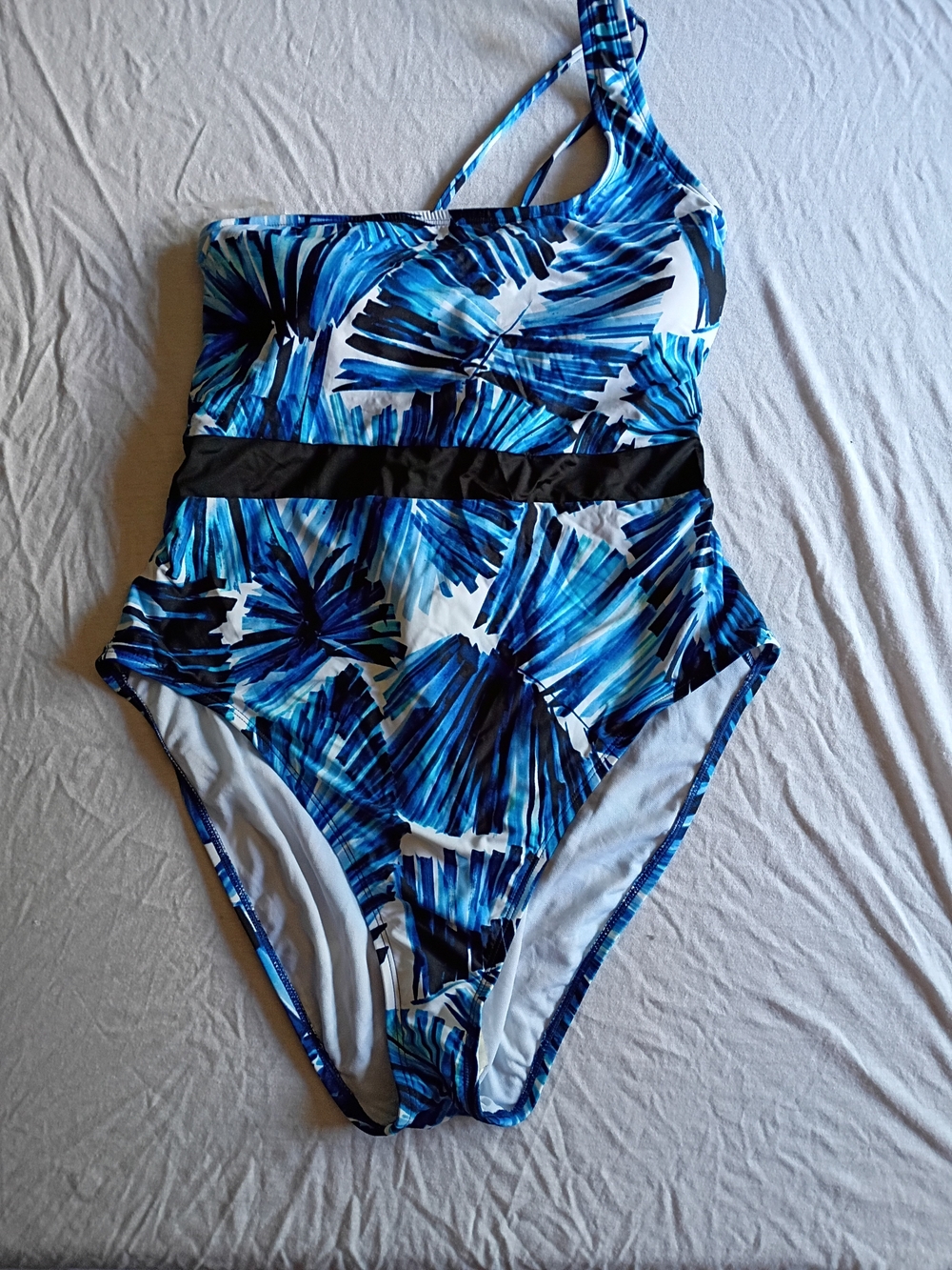 One-Shoulder Blue Patterned Swimsuit with Black Waistband